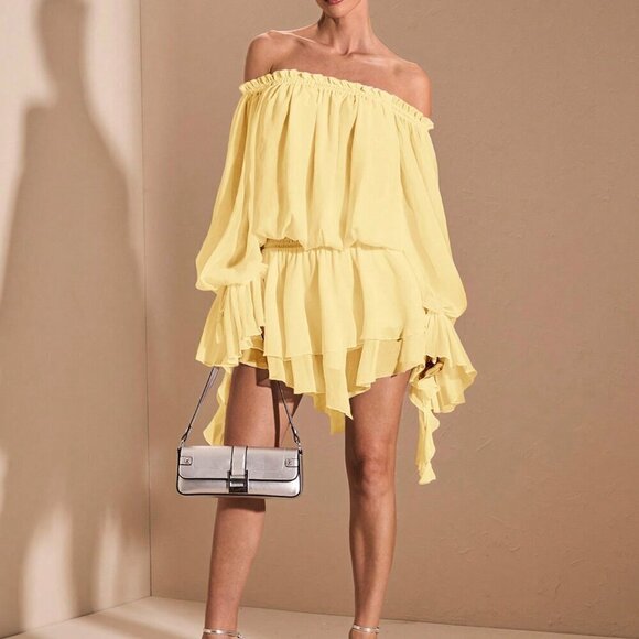 Dresses & Skirts - Yellow Boho Women's Elegant French Style Off Shoulder Long Sleeve Shirt Dress